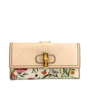GUCCI Bamboo Floral Canvas Leather Long Bifold Wallet /i0317